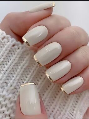 Cream Gold French Tip Press On Nails Full Kit Reusable Glossy Set